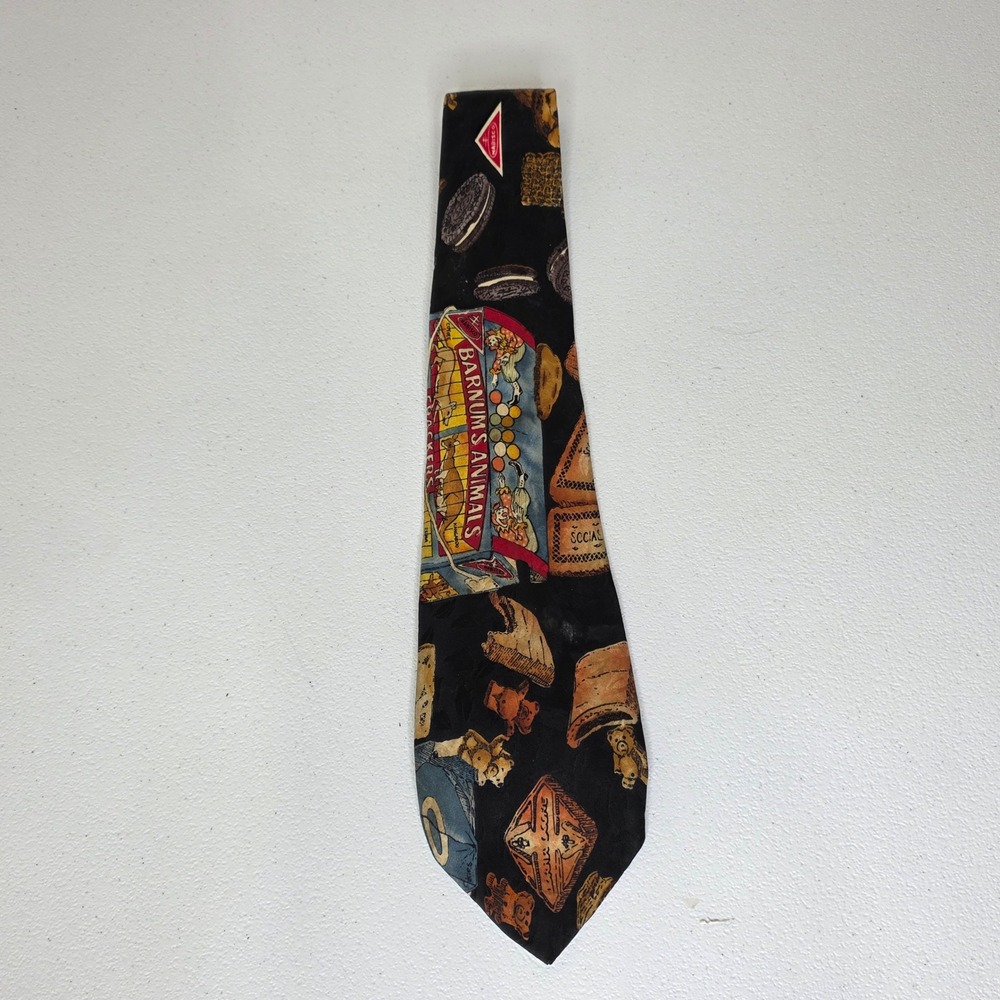 Vintage 1992 Nicole Miller Necktie Mens Black Nabisco Barnum Animals Oreo Silk